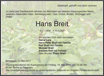 Traueranzeige von Hans Breit von Südwest Presse