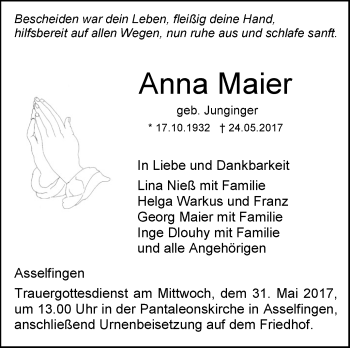 Traueranzeige von Anna Maier von Südwest Presse