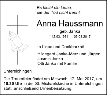 Traueranzeige von Anna Haussmann von Südwest Presse