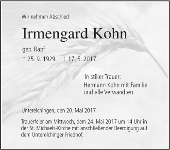 Traueranzeige von Irmengard Kohn von Südwest Presse