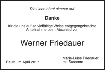 Traueranzeige von Werner Friedauer von Südwest Presse