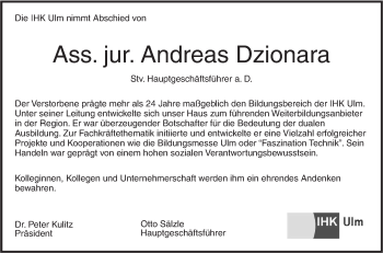 Traueranzeige von Andreas Dzionara von Südwest Presse