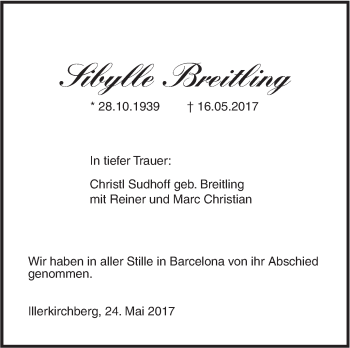 Traueranzeige von Sibylle Breitling von Südwest Presse