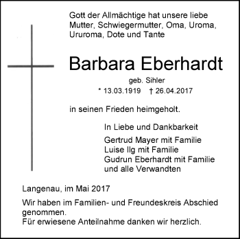 Traueranzeige von Barbara Eberhardt von Südwest Presse