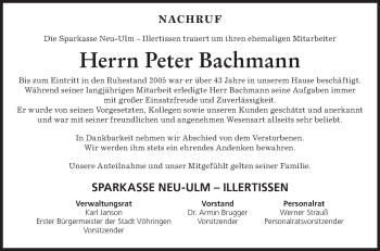 Traueranzeige von Peter Bachmann von Südwest Presse