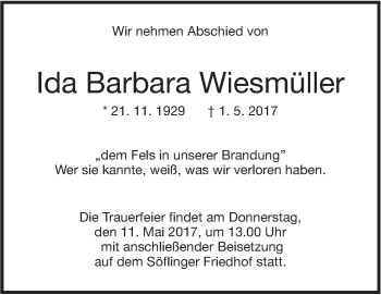 Traueranzeige von Ida Barbara Wiesmüller von Südwest Presse