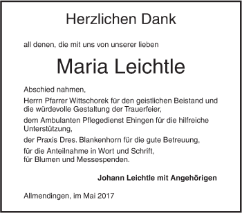 Traueranzeige von Maria Leichtle von Ehinger Tagblatt