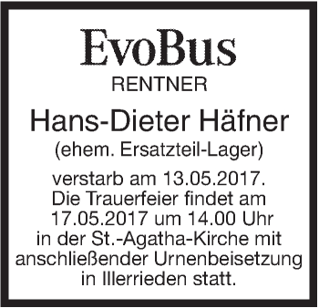 Traueranzeige von Hans-Dieter Häfner von Südwest Presse