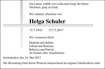 Traueranzeige von Helga Schuler von Südwest Presse