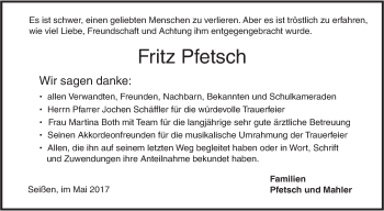 Traueranzeige von Fritz Pfetsch von Südwest Presse