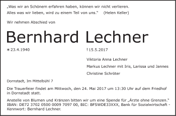 Traueranzeige von Bernhard Lechner von Südwest Presse