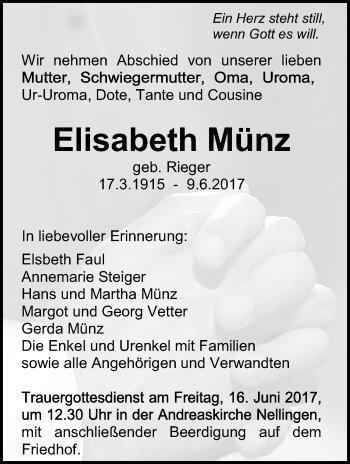 Traueranzeige von Elisabeth Münz von Südwest Presse