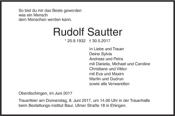 Traueranzeige von Rudolf Sautter von Ehinger Tagblatt