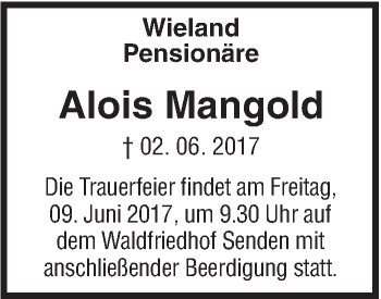 Traueranzeige von Alois Mangold von Südwest Presse