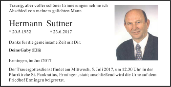 Traueranzeige von Hermann Suttner von Südwest Presse