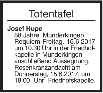 Traueranzeige von Totentafel vom 14.06.2017 von Ehinger Tagblatt