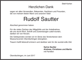 Traueranzeige von Rudolf Sautter von Ehinger Tagblatt