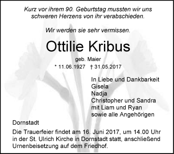 Traueranzeige von Ottilie Kribus von Südwest Presse