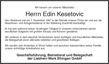 Traueranzeige von Edin Kesetovic von Ehinger Tagblatt