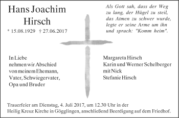 Traueranzeige von Hans Joachim Hirsch von Südwest Presse