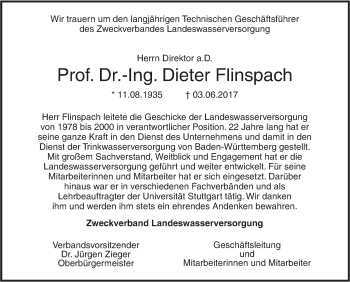 Traueranzeige von Dieter Flinspach von Südwest Presse