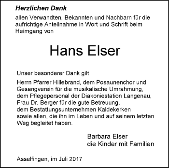 Traueranzeige von Hans Elser von Südwest Presse