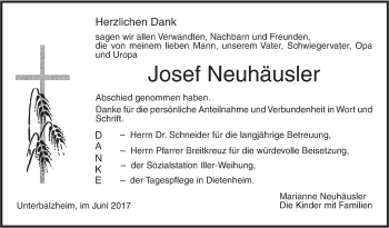 Traueranzeige von Josef Neuhäusler von Illertal Bote