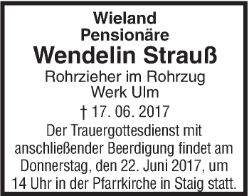 Traueranzeige von Wendelin Strauß von Südwest Presse