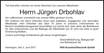 Traueranzeige von Jürgen Drbohlav von Südwest Presse