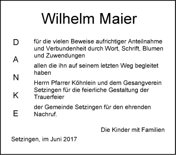 Traueranzeige von Wilhelm Maier von Südwest Presse