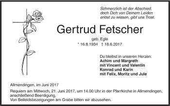 Traueranzeige von Gertrud Fetscher von Ehinger Tagblatt