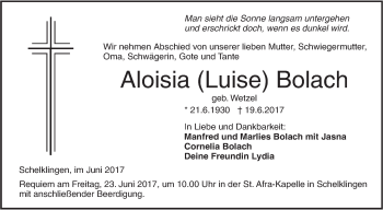 Traueranzeige von Aloisia (Luise) Bolach von Ehinger Tagblatt