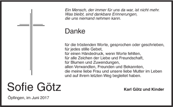 Traueranzeige von Sofie Götz von Ehinger Tagblatt