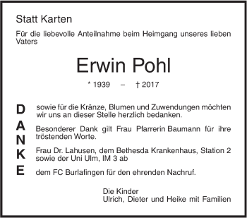 Traueranzeige von Erwin Pohl von Südwest Presse