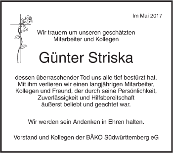 Traueranzeige von Günter Striska von Südwest Presse