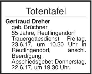 Traueranzeige von Totentafel vom 21.06.2017 von Ehinger Tagblatt