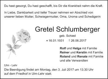 Traueranzeige von Gretel Schlumberger von Südwest Presse