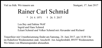 Traueranzeige von Rainer Carl Schmid von Südwest Presse