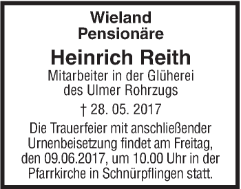 Traueranzeige von Heinrich Reith von Südwest Presse