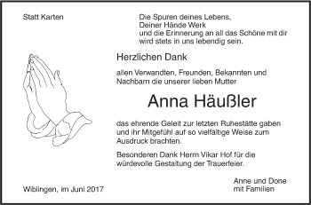 Traueranzeige von Anna Häußler von Südwest Presse