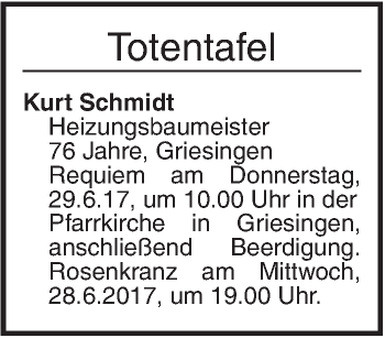 Traueranzeige von Totentafel vom 27.06.2017 von Ehinger Tagblatt