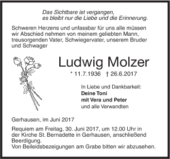 Traueranzeige von Ludwig Molzer von Südwest Presse