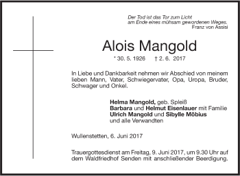 Traueranzeige von Alois Mangold von Südwest Presse