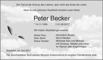 Traueranzeige von Peter Becker von Südwest Presse