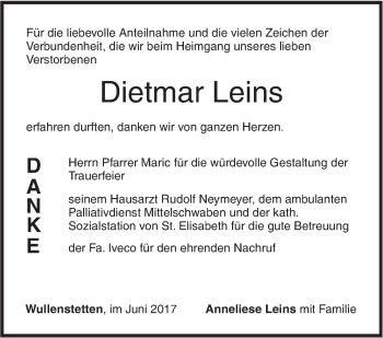 Traueranzeige von Dietmar Leins von Südwest Presse