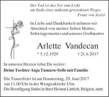 Traueranzeige von Arlette Vandecan von Südwest Presse