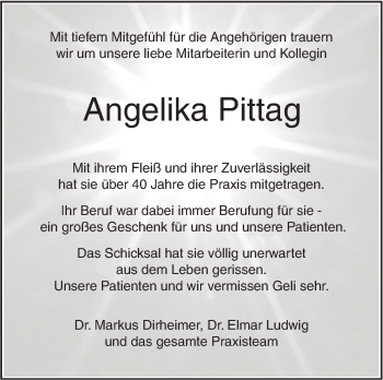 Traueranzeige von Angelika Pittag von Südwest Presse