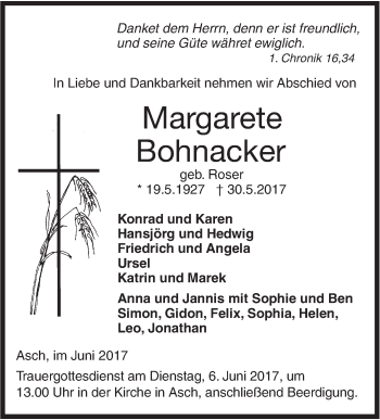 Traueranzeige von Margarete Bohnacker von Südwest Presse