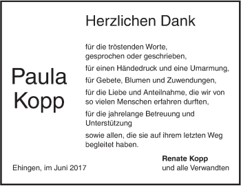 Traueranzeige von Paula Kopp von Ehinger Tagblatt