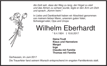 Traueranzeige von Wilhelm Eberhardt von Südwest Presse